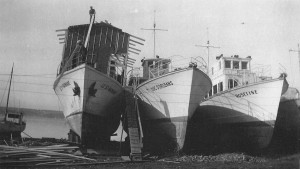 Spring 1950, winterig at St-Laurent shipyard, Island of Orleans. From left Le St.Barnabé, ex-Q098, Duc D'orléans, ex-Q105 and Roseline ex-Q096. Jean Ouellet collection ,