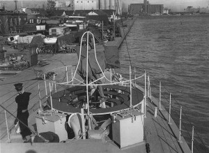Autumn 1943. Looking forward from bridege,showing Oerlikon gun ramp. J.J.Taylor Shipyard, Toronto, Ontario. Jim Taylor collection