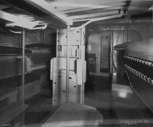 Crew's quarters, showing mess traps, blackout curtains around Asdic and heads