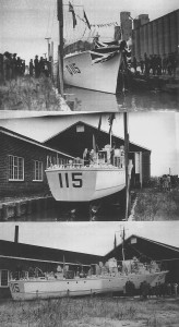 November 1943. Launching of Q115 at Mac-Craft Shipyard, Sarnia, Ontario. Mann Historical Files collection.