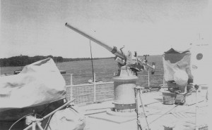 Summer 1943, 3 pounder Hotchkiss gun, Q109 during construction at Hunter Boats Shipyard, Orillia, Ontario. John Mackenzie collection