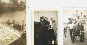 Left, Ltn John Joynt and Sub Lieutenant John Dobbs on the bridge. Middle, Jack Leroux on lamp with Johnny Downs, spring 1945. Right. crew 0f Q072, summer 1944. Kevin Joynt collection.
