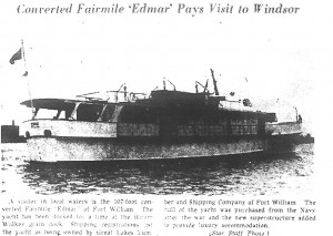 Converted Fairmile "Edmar" pays visit to Windsor at the Hiram Walker grain dock. Windsor Daily Star, July 22, 1952