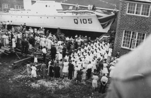 September 5, 1943. Launching of Q105 at Mac-Craft shipyard, Sarnia, Ontario. Mark Harrisson collection