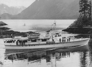 fairmiles00124 Circa 1946-48, Malibu Tilikum going through Malibu Rapids, Malibu Club, Princess Louisa INlet, British Columbia. Chaz Hitz collection
