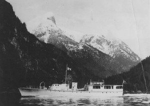 1948, Princess Malibu underway by One Eye Mt., Princess Louisa Inlet,  British Columbia. Chaz Hitz collection
