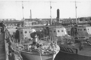 Autumn 1945, Rimouski, Quebec. From left, Q105, Q107 and Q104, the three Fairmiles lent to Rimouski School of Arts & Crafts. Jean Ouellet collection